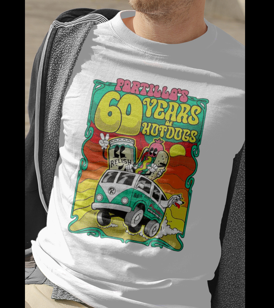 Portillo’s 60 Years Of Hotdogs Relish Relish Road Trip Cartoon Van Adventure T-Shirt