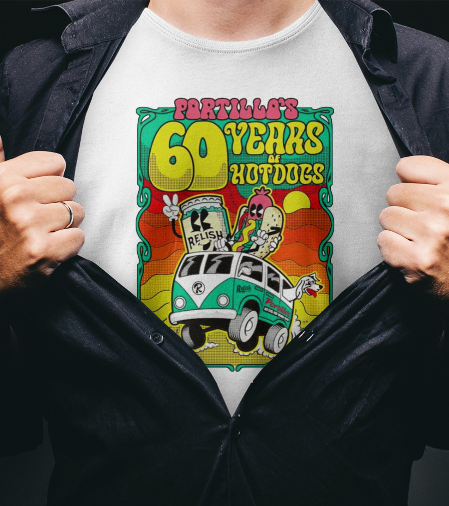 Portillo’s 60 Years Of Hotdogs Relish Relish Road Trip Cartoon Van Adventure T-Shirt