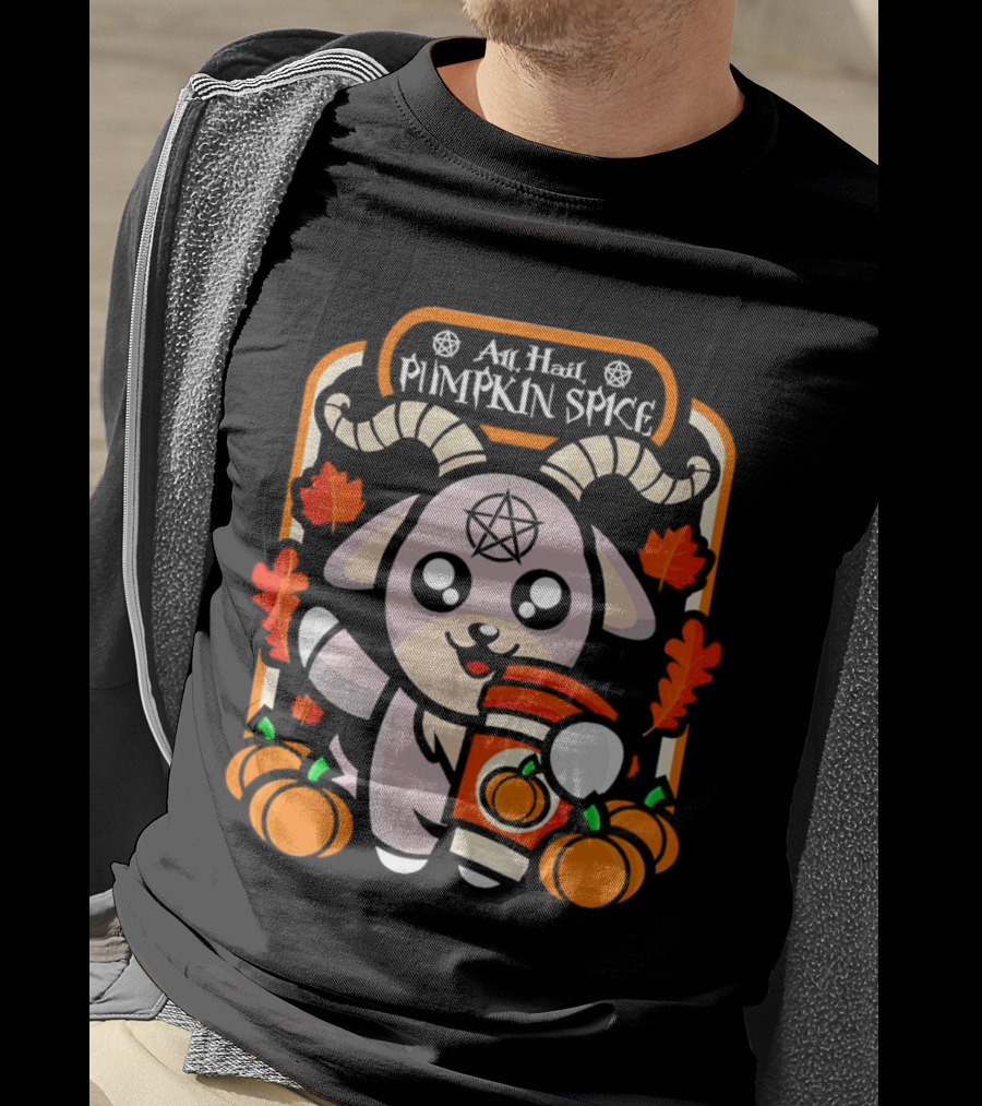 All Hail Pumpkin Spice Halloween Goat With Coffee, Pumpkins, And Pentagram T-Shirt