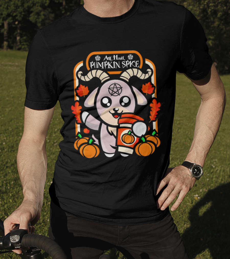 All Hail Pumpkin Spice Halloween Goat With Coffee, Pumpkins, And Pentagram T-Shirt