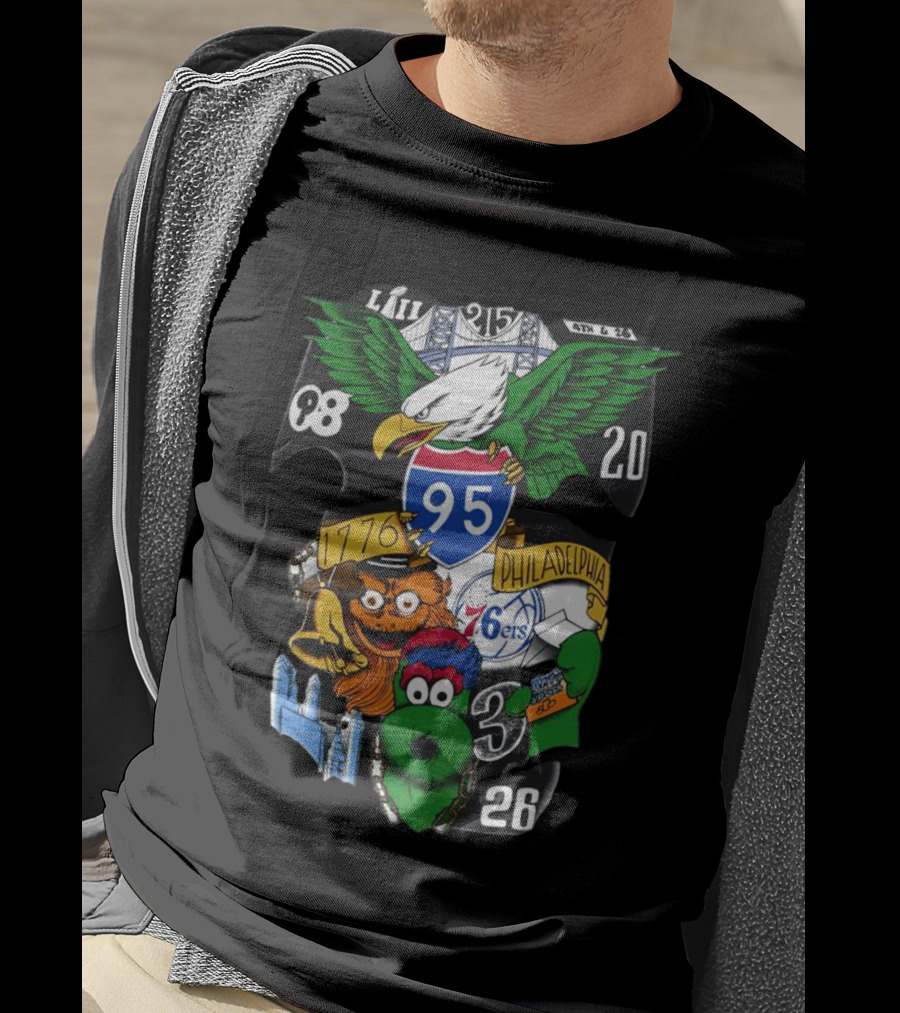 Philadelphia 76ers Eagles 76ers Mascots 1776 I-95 LIII 93 20 3 26 T-Shirt