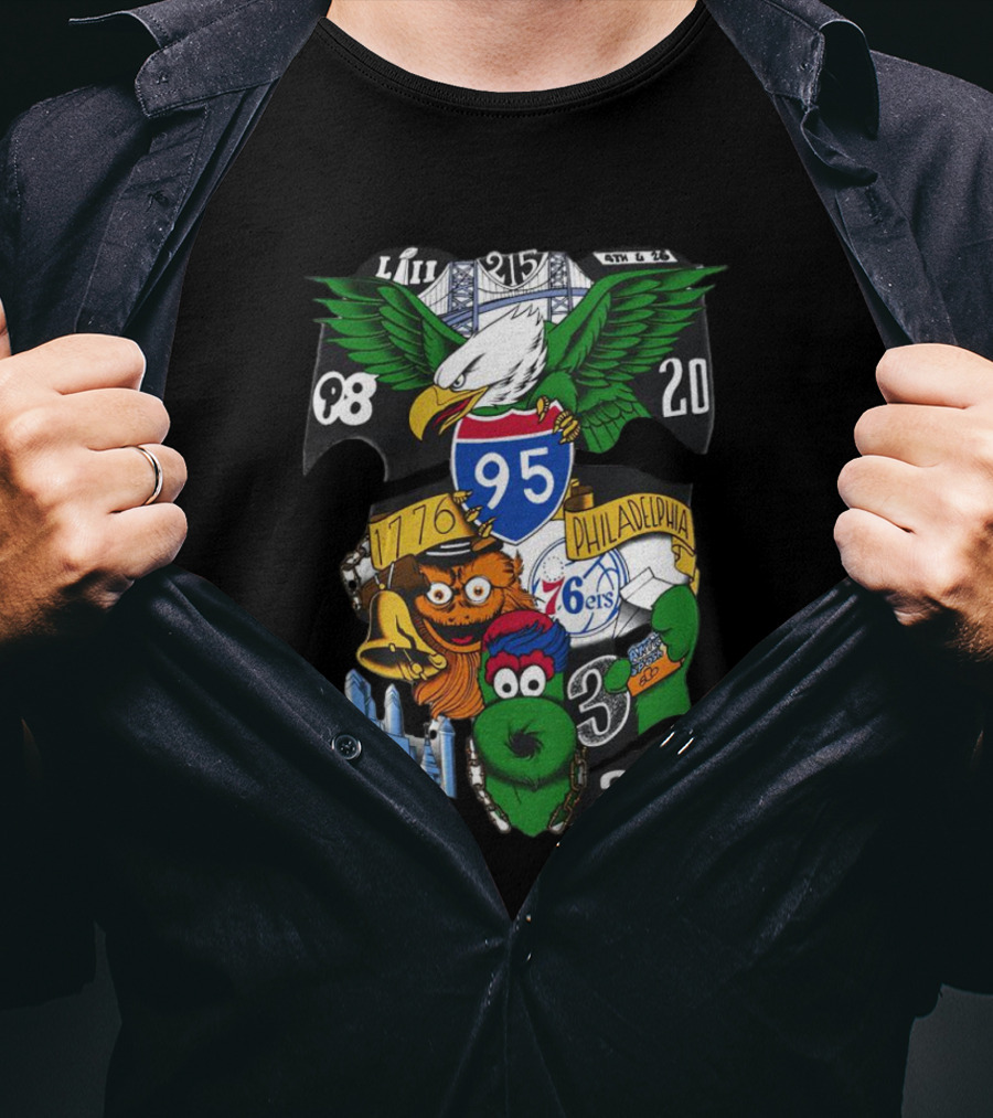 Philadelphia 76ers Eagles 76ers Mascots 1776 I-95 LIII 93 20 3 26 T-Shirt