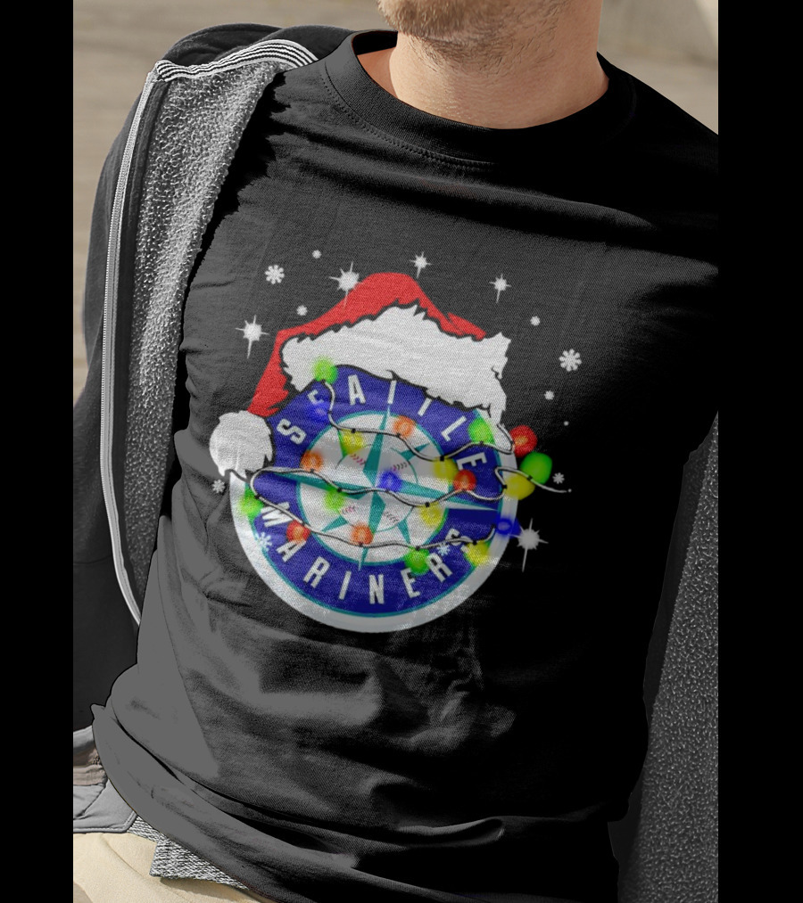 Santa Hat Seattle Mariners Christmas Lights Snowflakes T-Shirt
