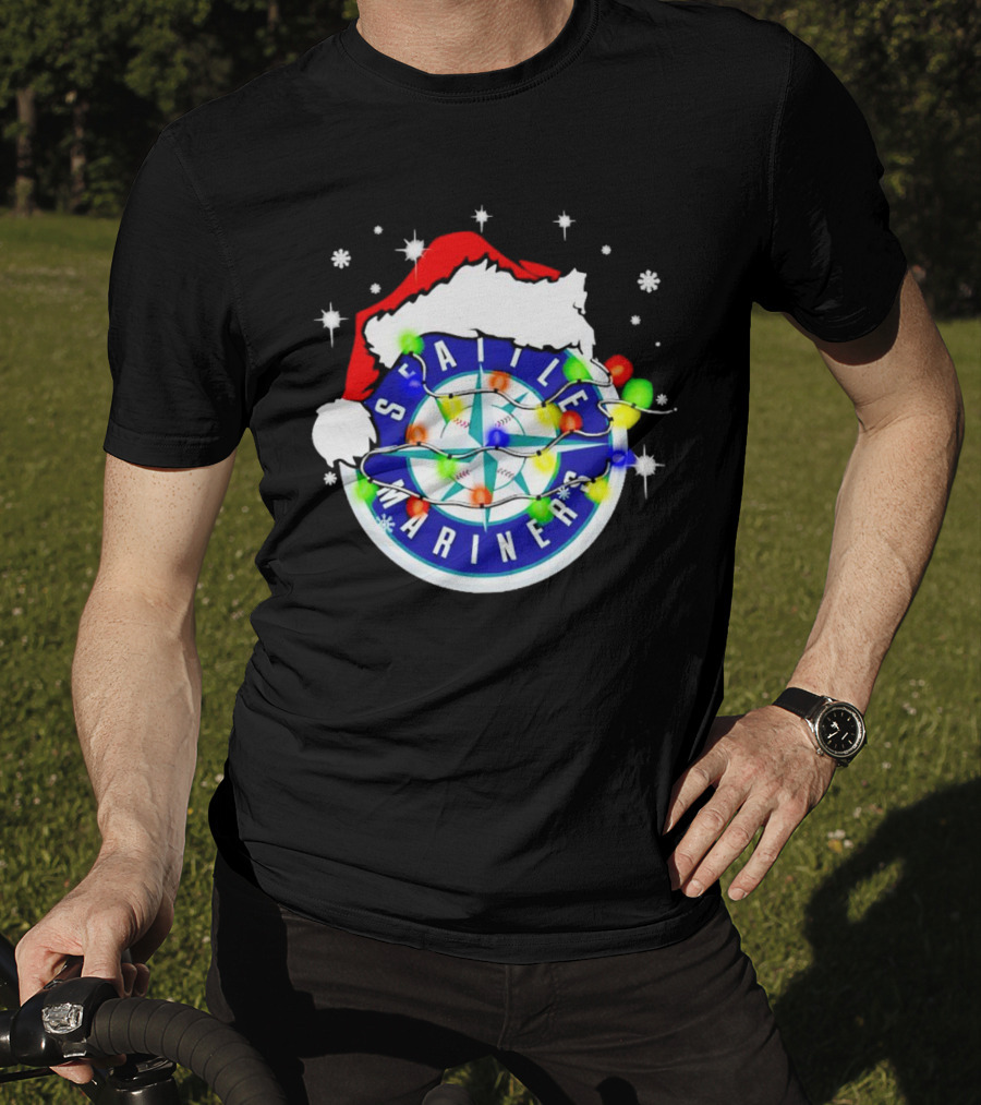 Santa Hat Seattle Mariners Christmas Lights Snowflakes T-Shirt
