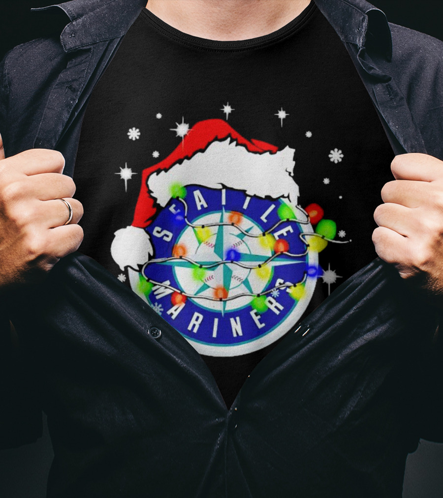 Santa Hat Seattle Mariners Christmas Lights Snowflakes T-Shirt