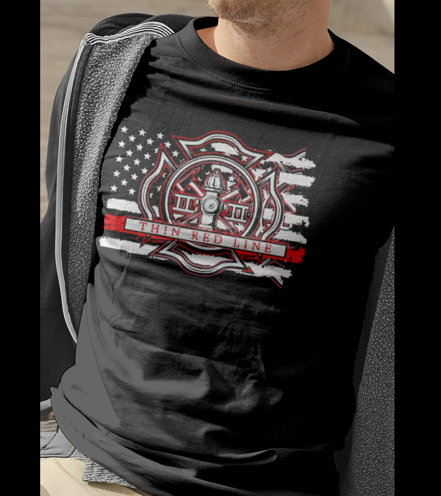 Thin Red Line USA Flag Firefighter Maltese Cross Hydrant T-Shirt