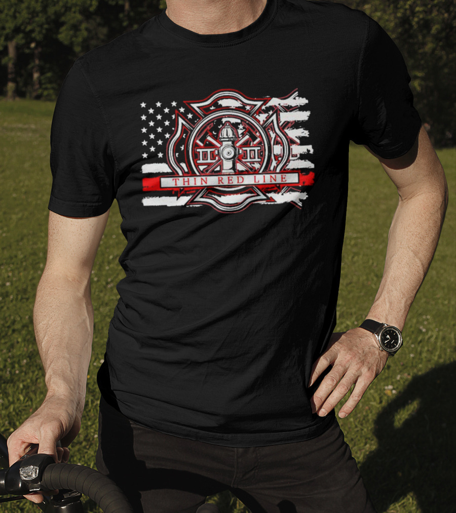 Thin Red Line USA Flag Firefighter Maltese Cross Hydrant T-Shirt