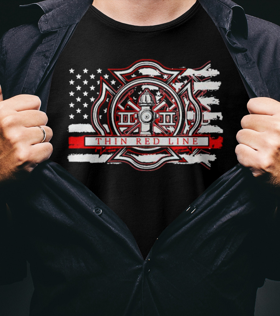 Thin Red Line USA Flag Firefighter Maltese Cross Hydrant T-Shirt