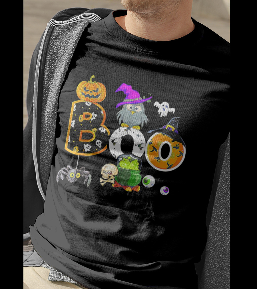 Boo Pumpkin Ghost Skull Owl Spider Witch Hat Cauldron Halloween T-Shirt