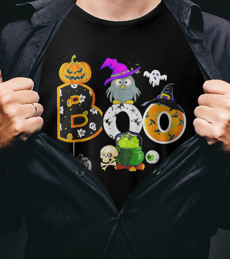Boo Pumpkin Ghost Skull Owl Spider Witch Hat Cauldron Halloween T-Shirt