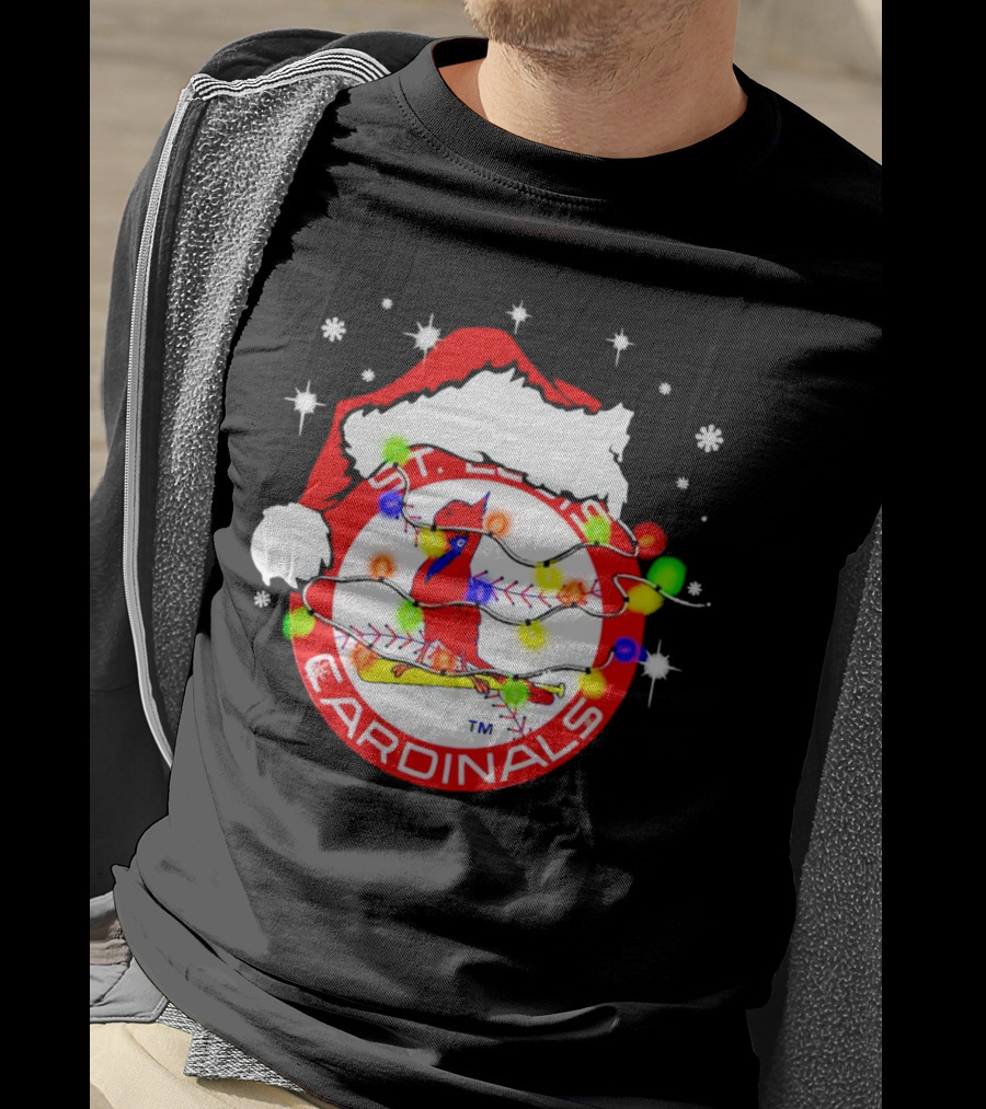 Santa Hat St. Louis Cardinals Christmas Lights Holiday T-Shirt