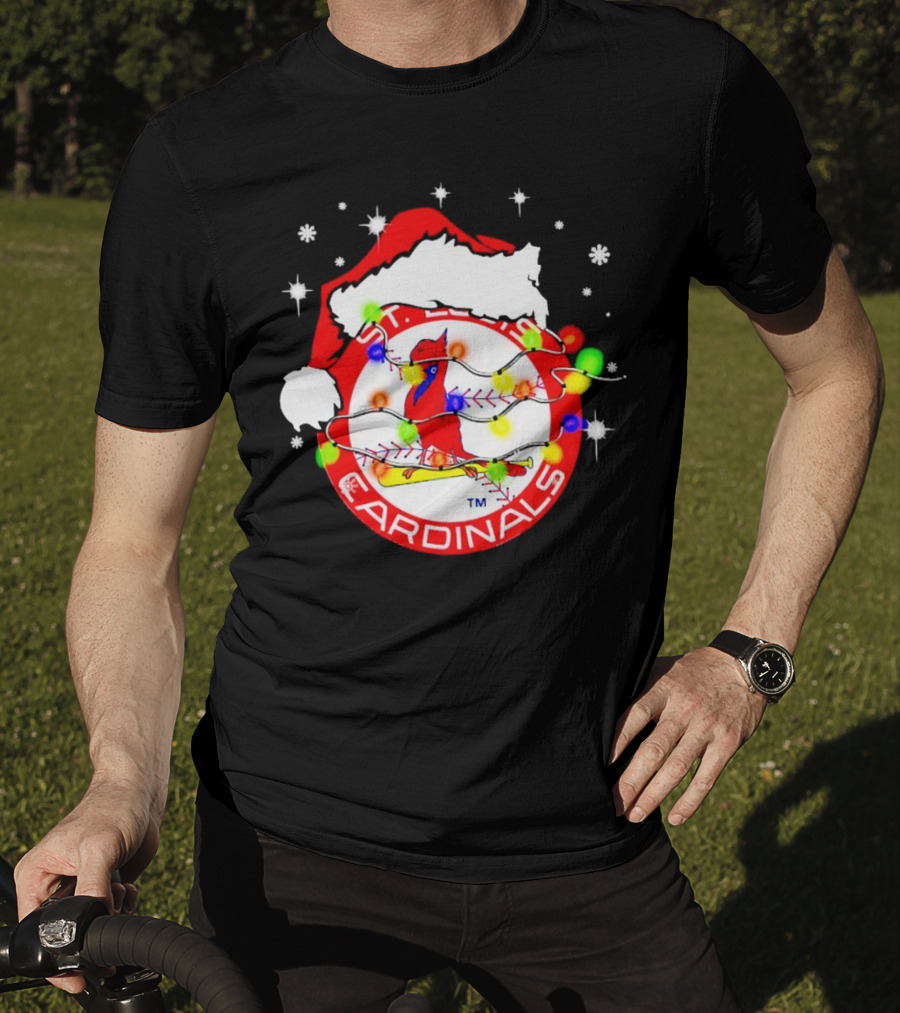 Santa Hat St. Louis Cardinals Christmas Lights Holiday T-Shirt