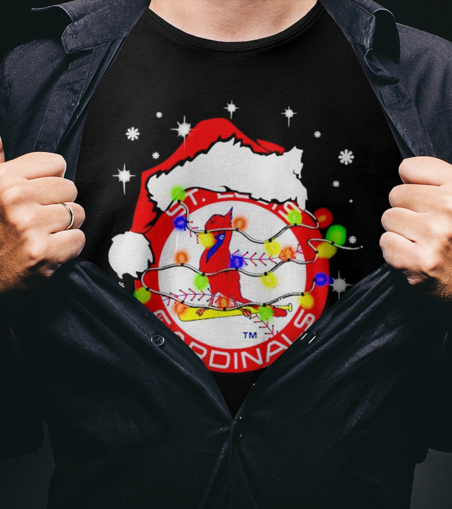 Santa Hat St. Louis Cardinals Christmas Lights Holiday T-Shirt
