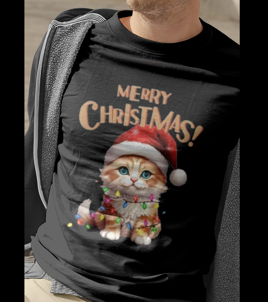Merry Christmas Cat Santa With Lights T-Shirt
