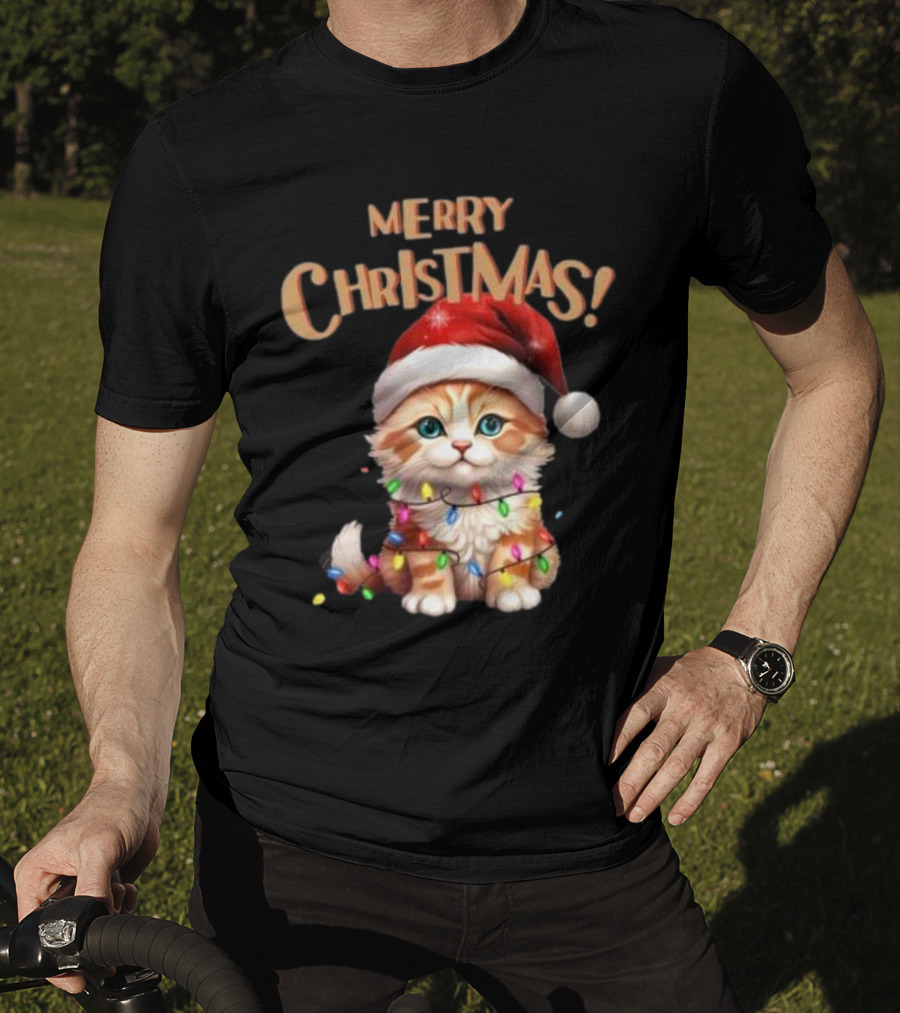 Merry Christmas Cat Santa With Lights T-Shirt