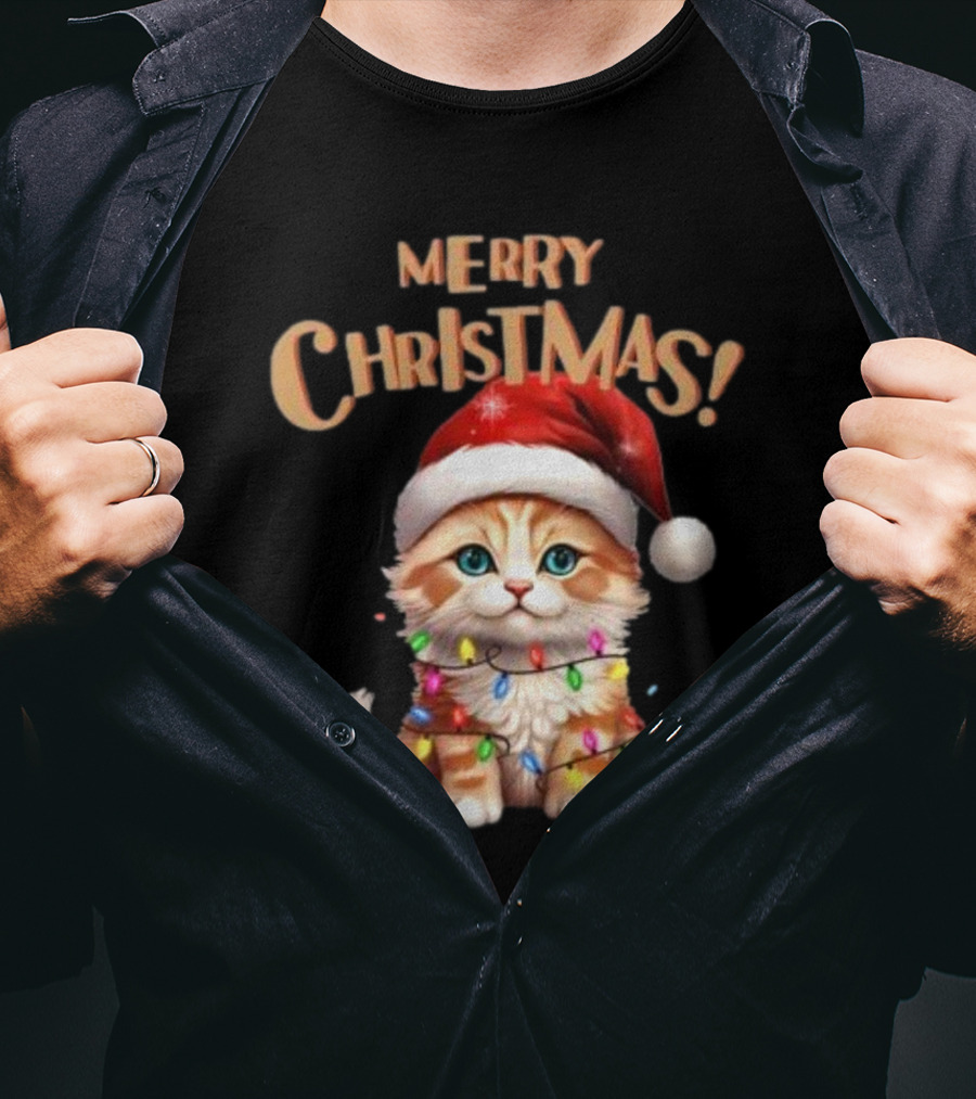 Merry Christmas Cat Santa With Lights T-Shirt