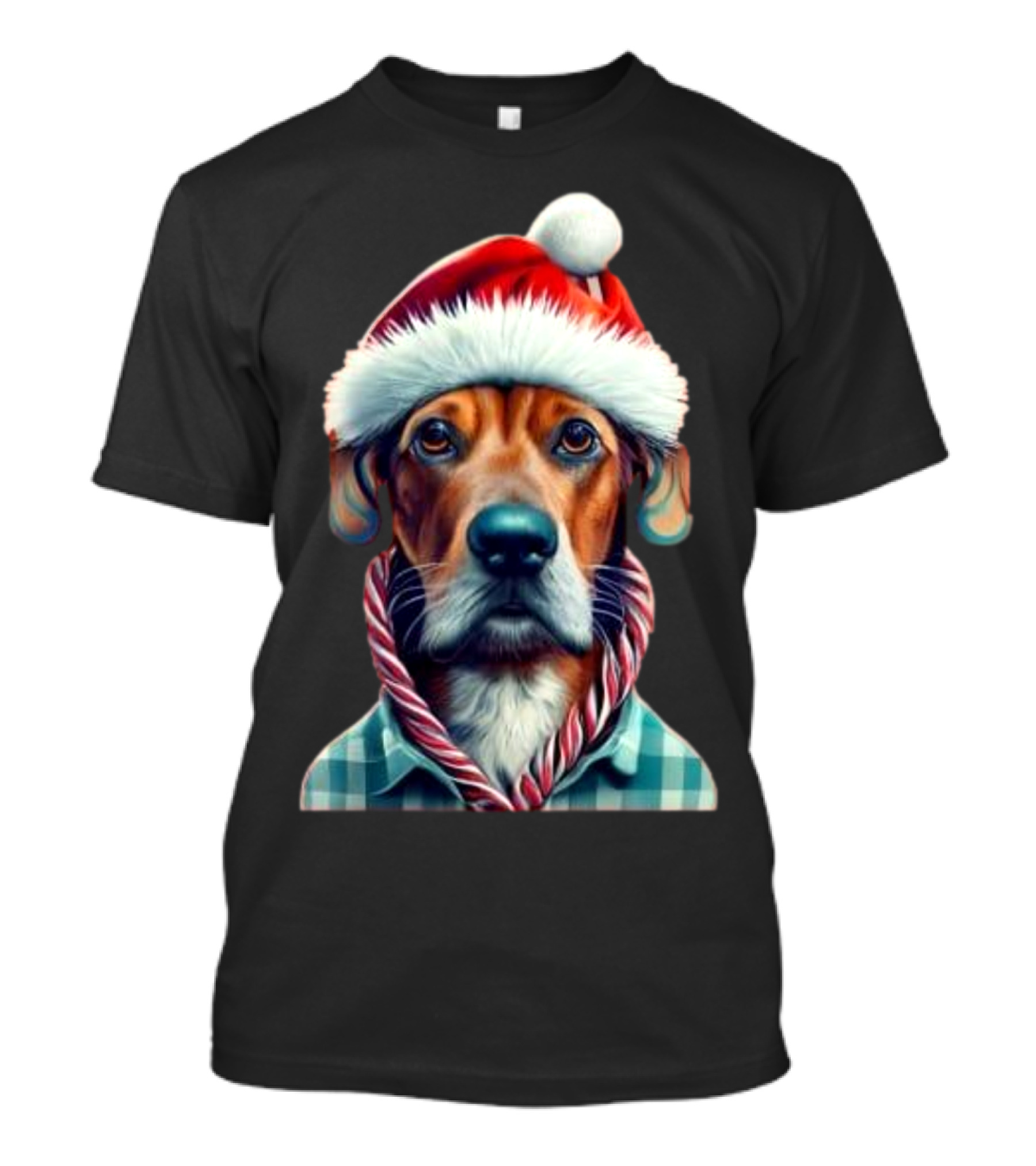 Dog In Santa Hat With Candy Cane Scarf Christmas T-Shirt