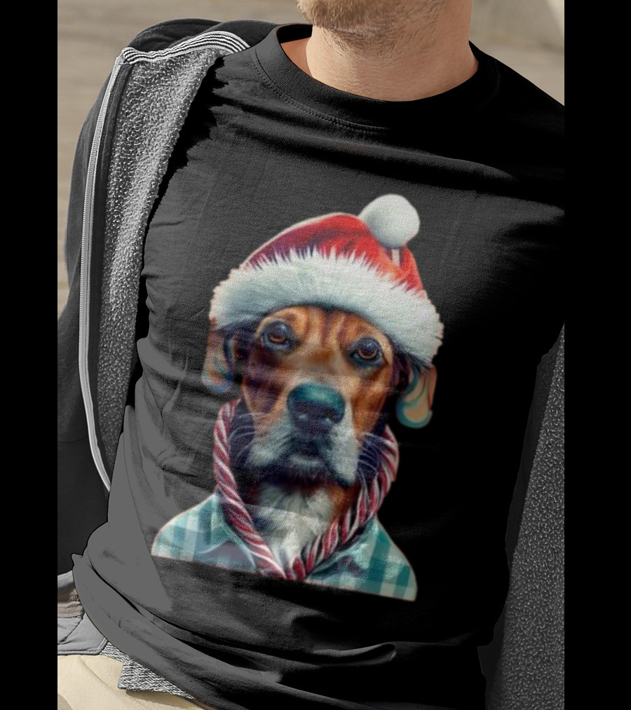 Dog In Santa Hat With Candy Cane Scarf Christmas T-Shirt