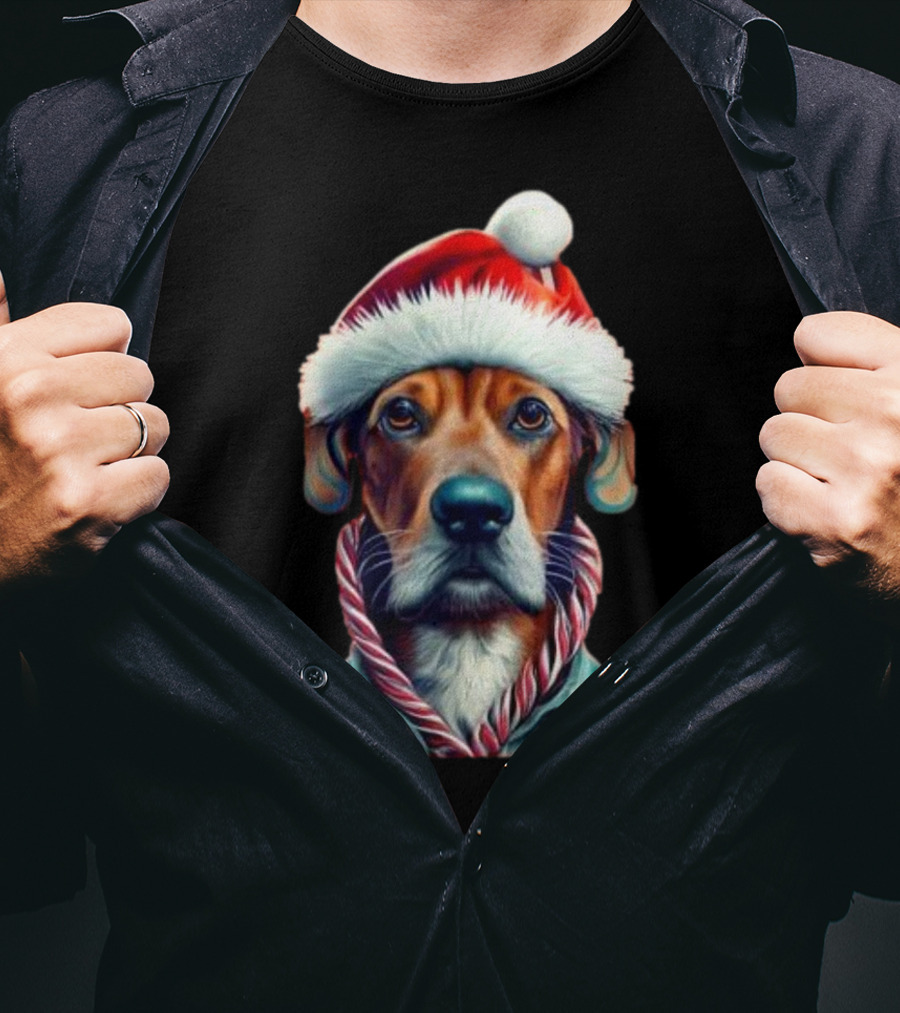 Dog In Santa Hat With Candy Cane Scarf Christmas T-Shirt