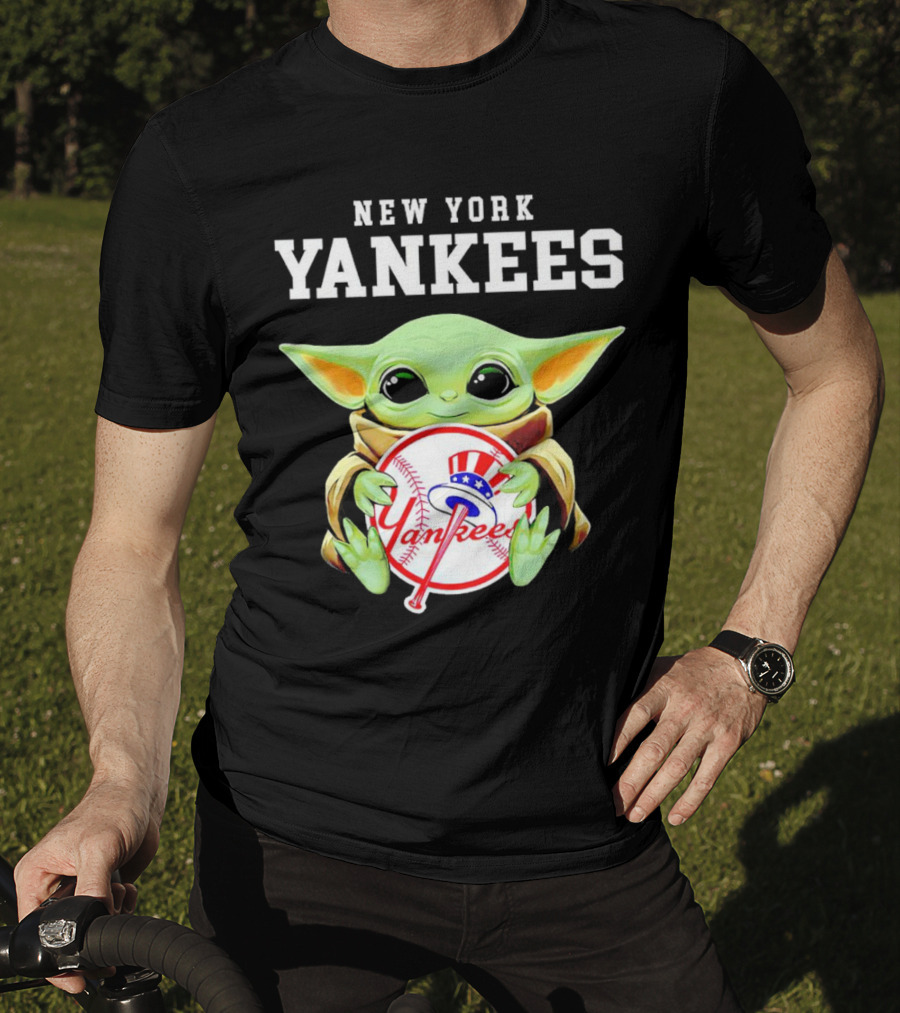 New York Yankees Baby Yoda Holding Team Baseball Emblem T-Shirt