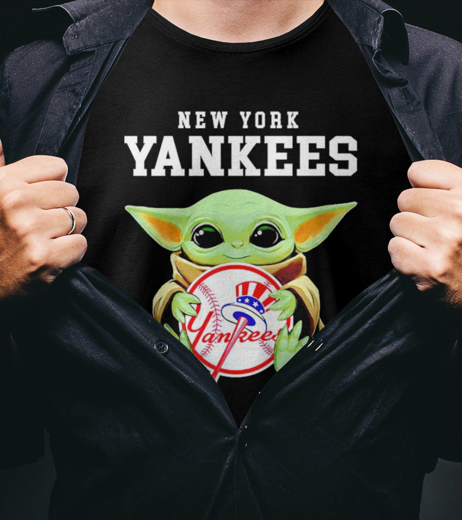 New York Yankees Baby Yoda Holding Team Baseball Emblem T-Shirt