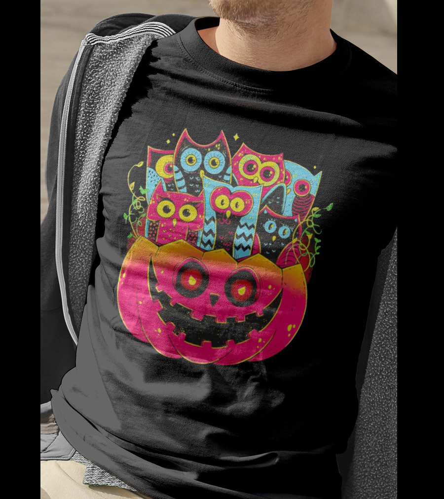 Neon Owls In Jack-o'-Lantern Halloween Party T-Shirt