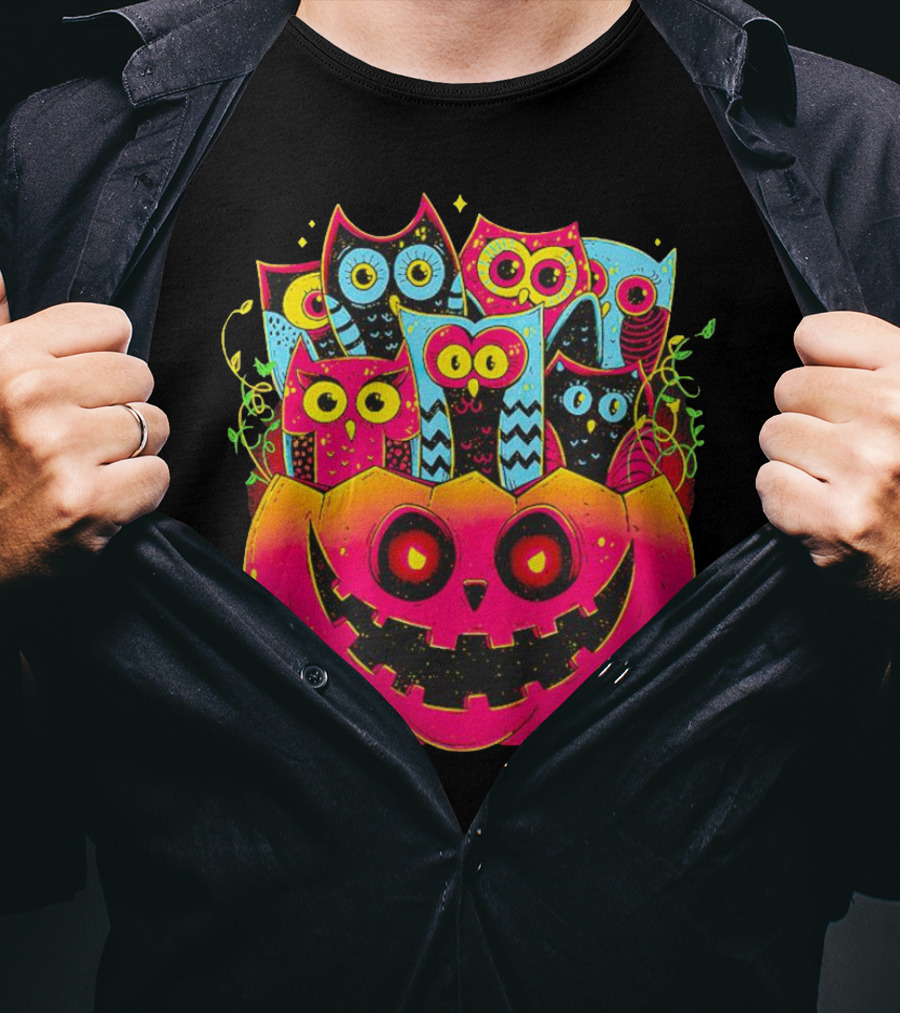 Neon Owls In Jack-o'-Lantern Halloween Party T-Shirt