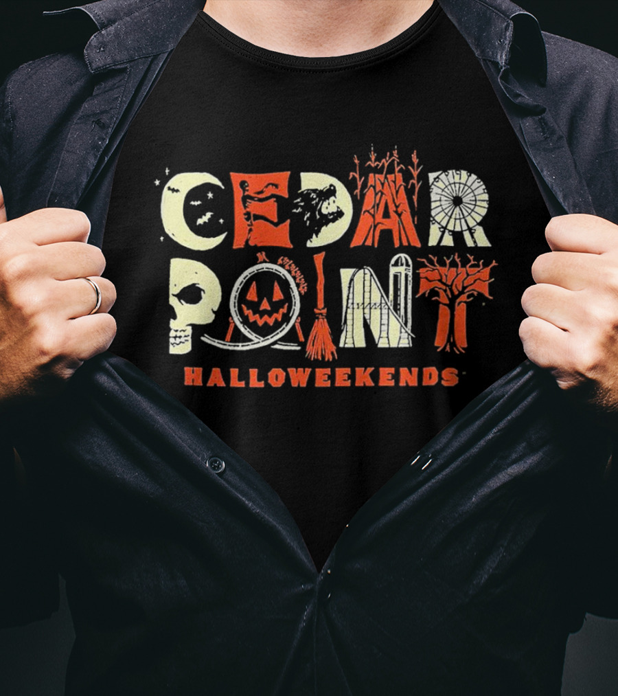 Cedar Point Halloweekends Halloween Spooky Skull Pumpkin Broomstick Haunted Tree T-Shirt
