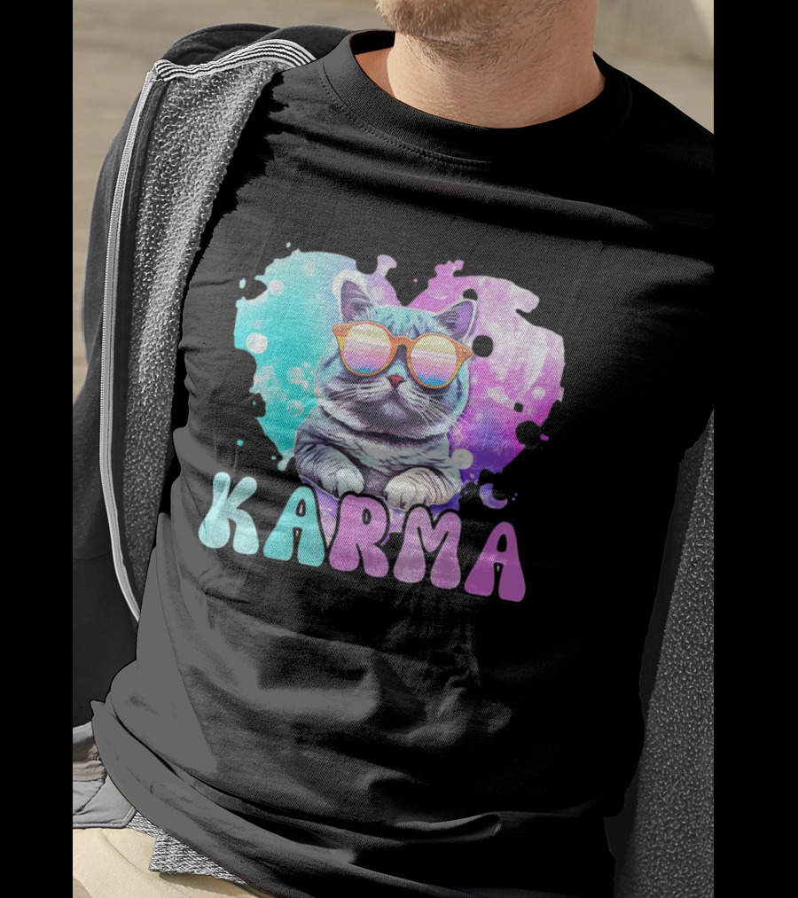 Karma Cat In Sunglasses With Heart-Shaped Watercolor Background T-Shirt