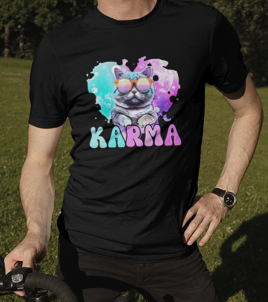 Karma Cat In Sunglasses With Heart-Shaped Watercolor Background T-Shirt