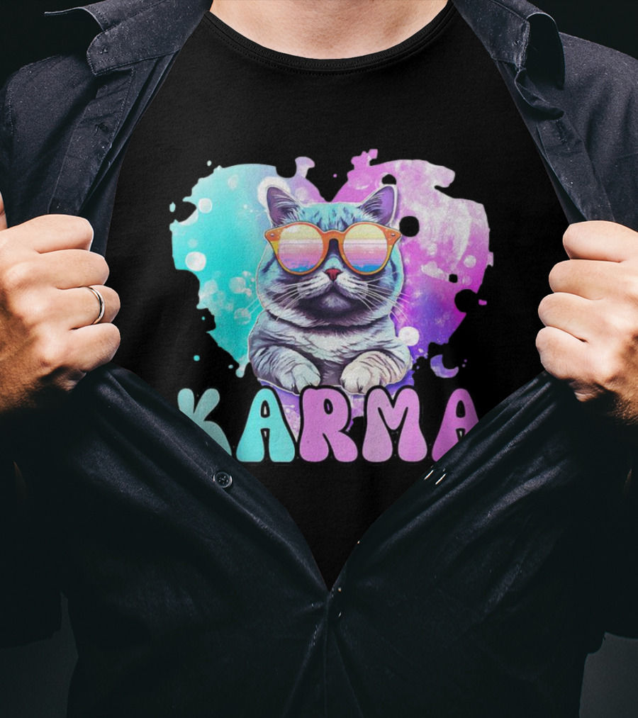 Karma Cat In Sunglasses With Heart-Shaped Watercolor Background T-Shirt
