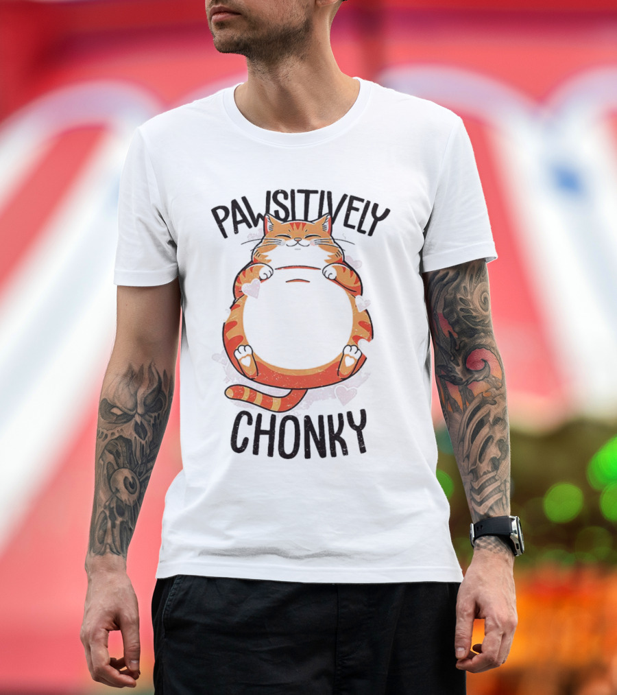 Pawsitively Chonky Cat with Hearts and Smiling Orange Tabby T-Shirt