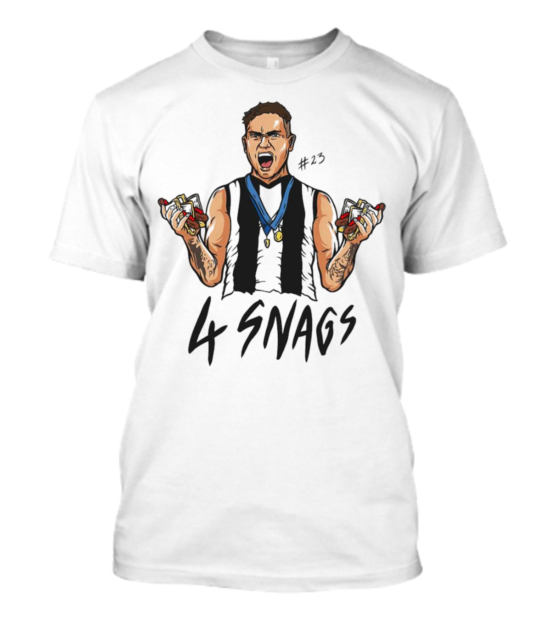 Bobby Hill Collingwood Football #43 Holding 4 Snags Cartoon T-Shirt