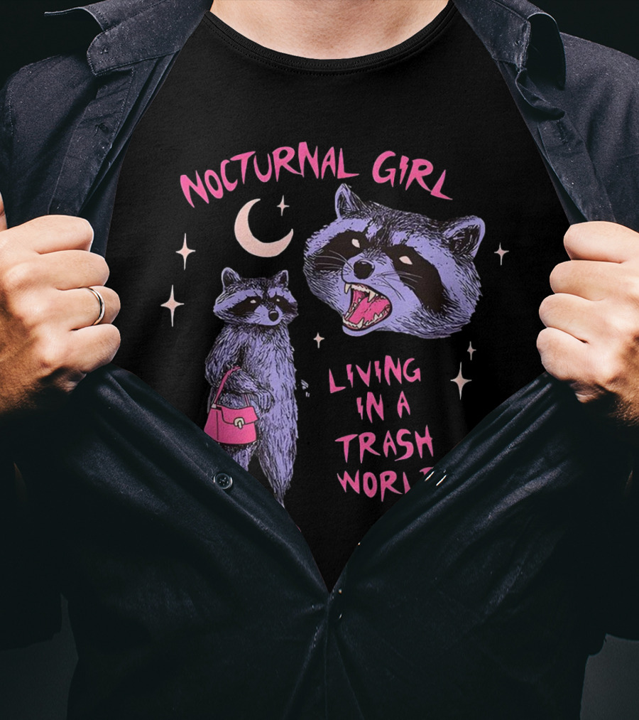 Nocturnal Girl Raccoon Living In A Trash World Under Moon And Stars T-Shirt