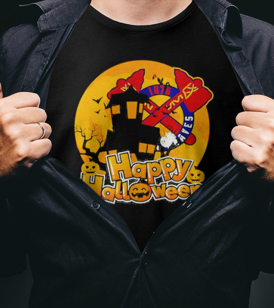 Atlanta Braves 1876 Happy Halloween Haunted House Pumpkins Bats T-Shirt