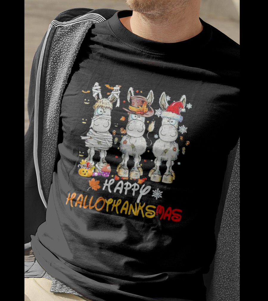 Happy Hallothanksmas Funny Horses Mummy Witch Santa Hats T-Shirt