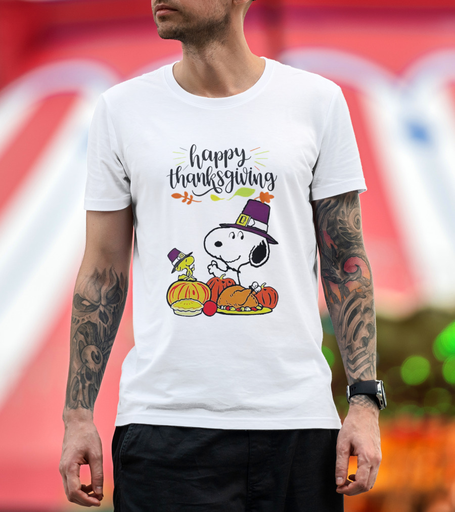 Thanksgiving Snoopy and Woodstock with Pilgrim Hats Feast T-Shirt