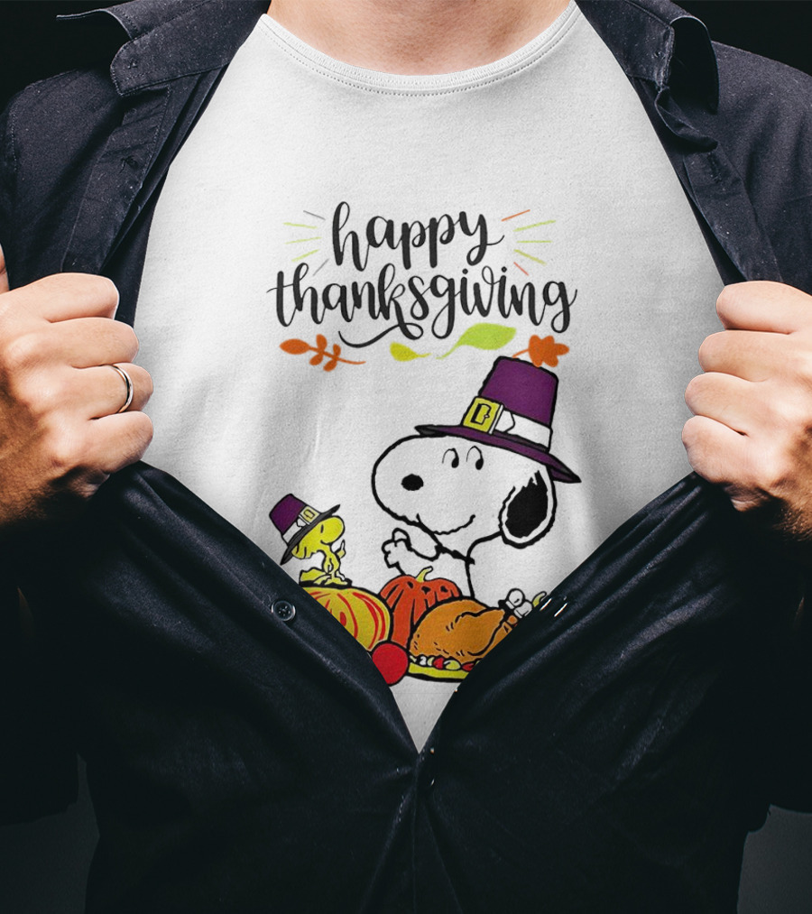 Thanksgiving Snoopy And Woodstock With Pilgrim Hats Feast T-Shirt