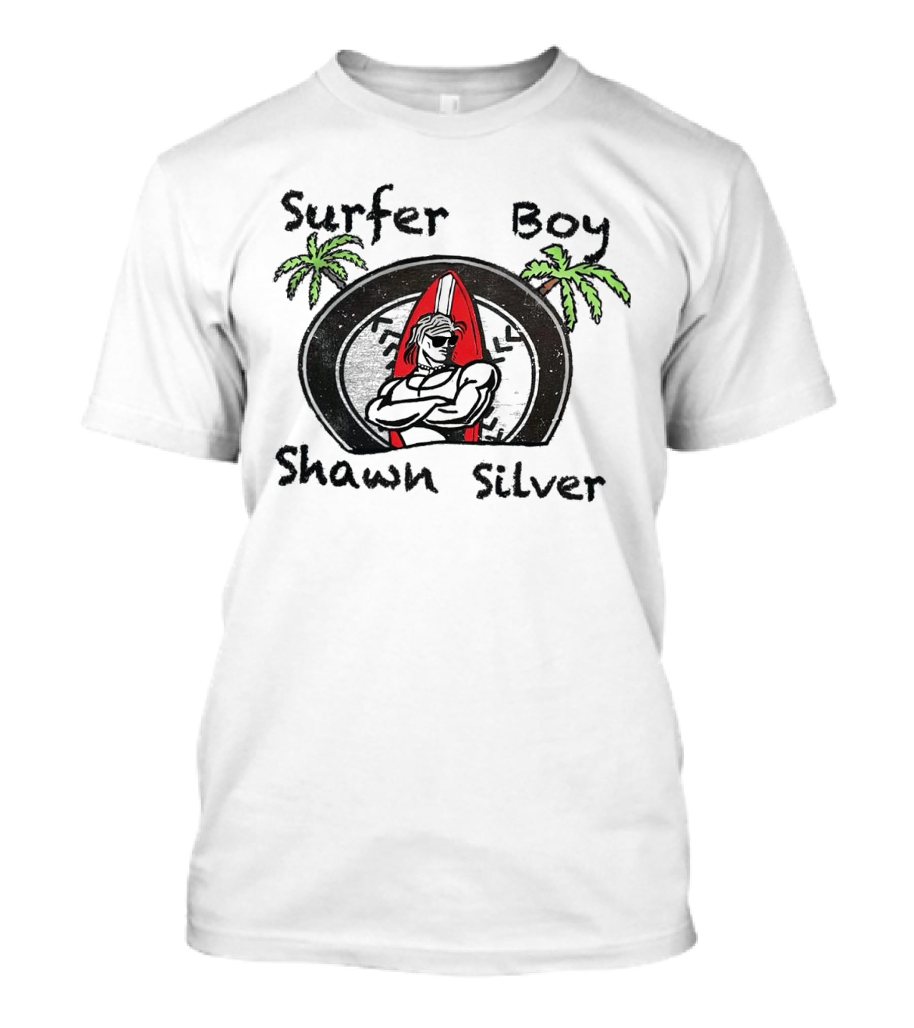 Surfer Boy Shawn Silver Palm Trees Red Surfboard T-Shirt