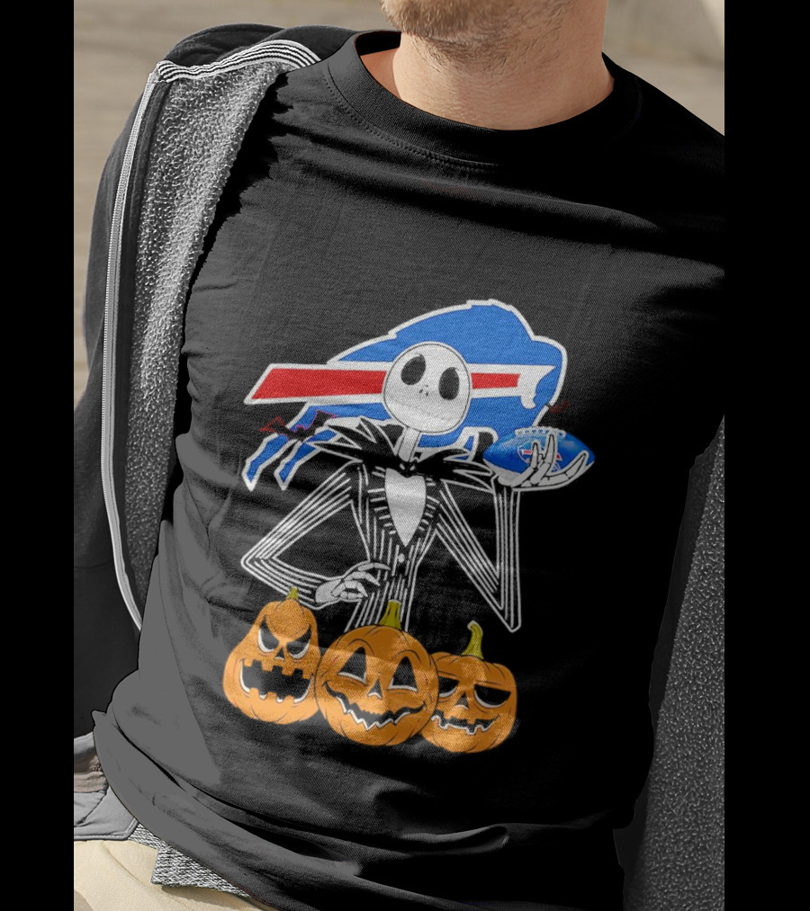 Buffalo Bills Jack Skellington Holding Football Halloween Pumpkins T-Shirt