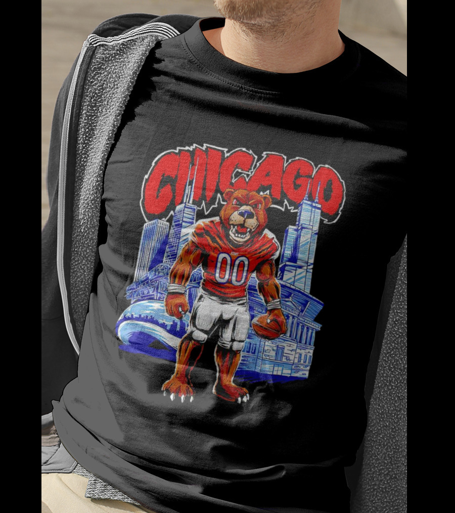 Chicago Bears Mascot Cartoon With City Skyline T-Shirt