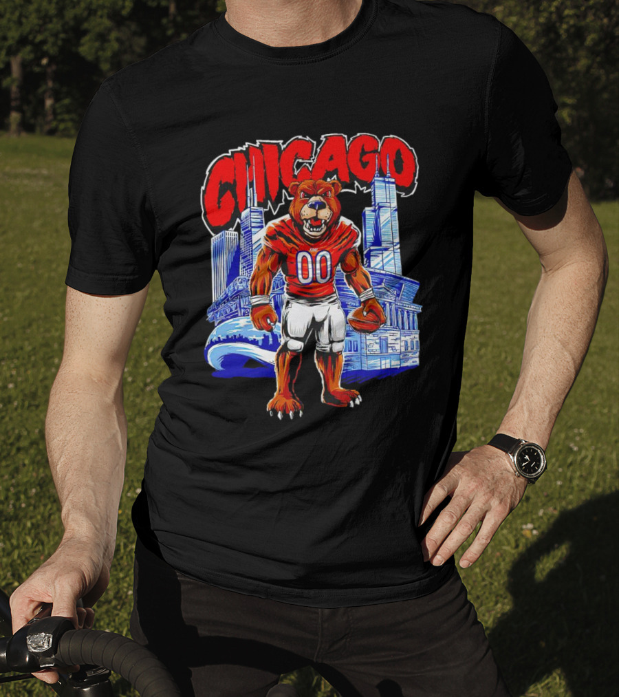 Chicago Bears Mascot Cartoon With City Skyline T-Shirt