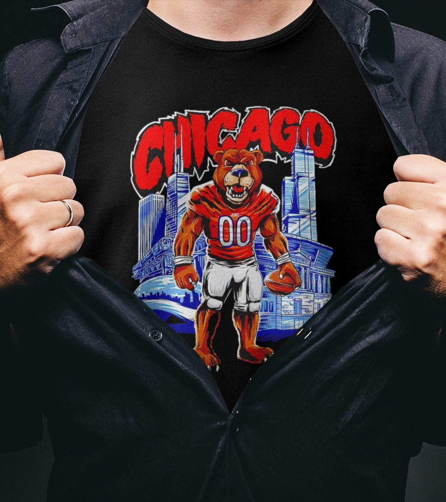 Chicago Bears Mascot Cartoon With City Skyline T-Shirt