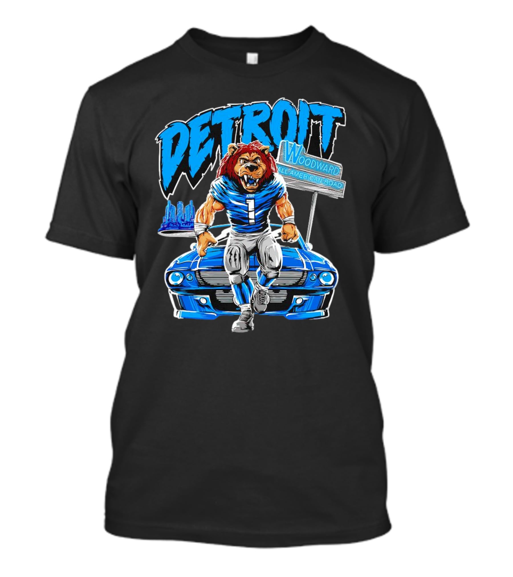 Detroit Lions Woodward All American Road Lion With Car And Cityscape T-Shirt