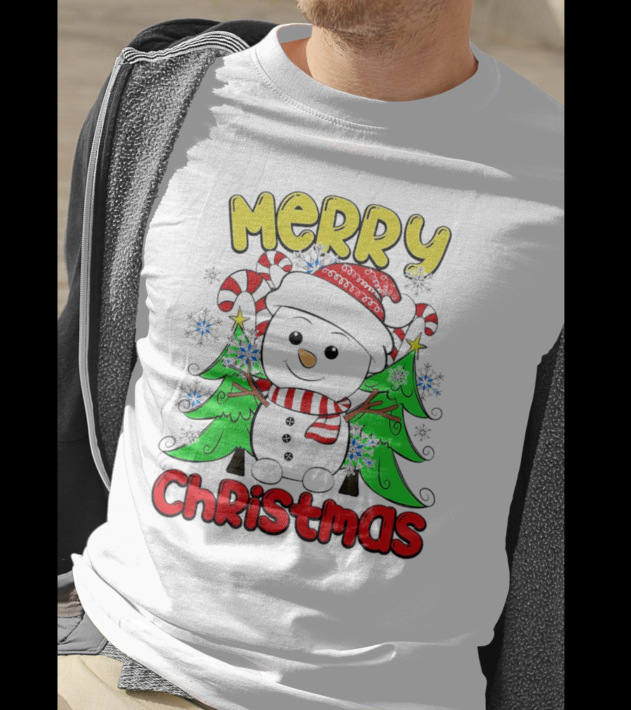Merry Christmas Snowman With Candy Canes And Snowflakes T-Shirt
