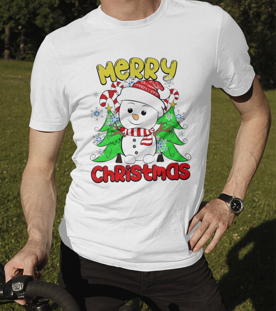 Merry Christmas Snowman With Candy Canes And Snowflakes T-Shirt