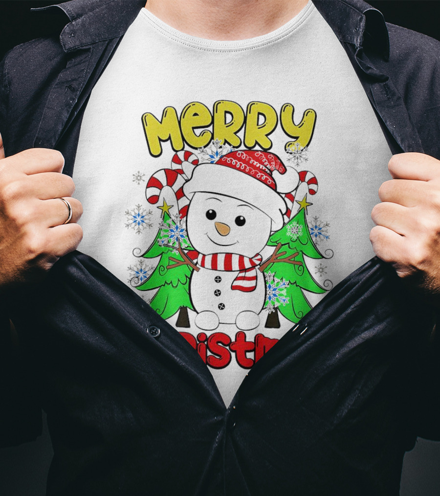 Merry Christmas Snowman With Candy Canes And Snowflakes T-Shirt