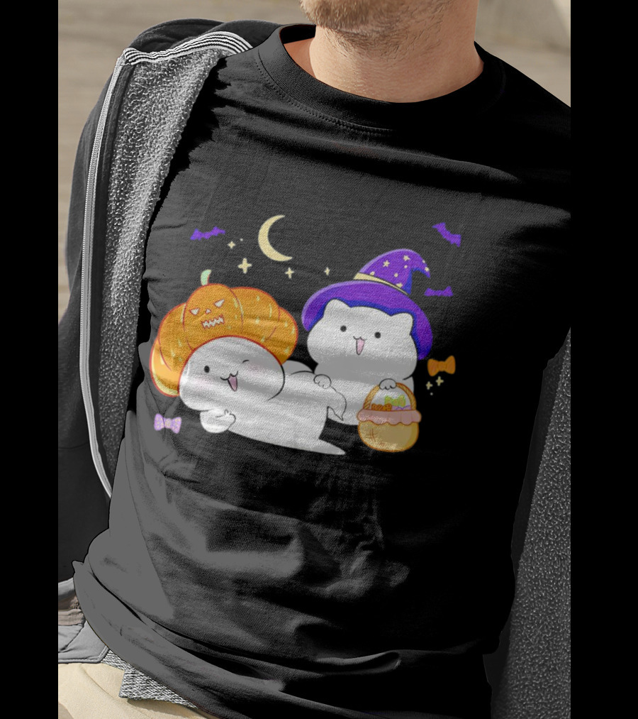Bongo Cat Meme Halloween Pumpkin Witch Hat Moon Stars Bats T-Shirt