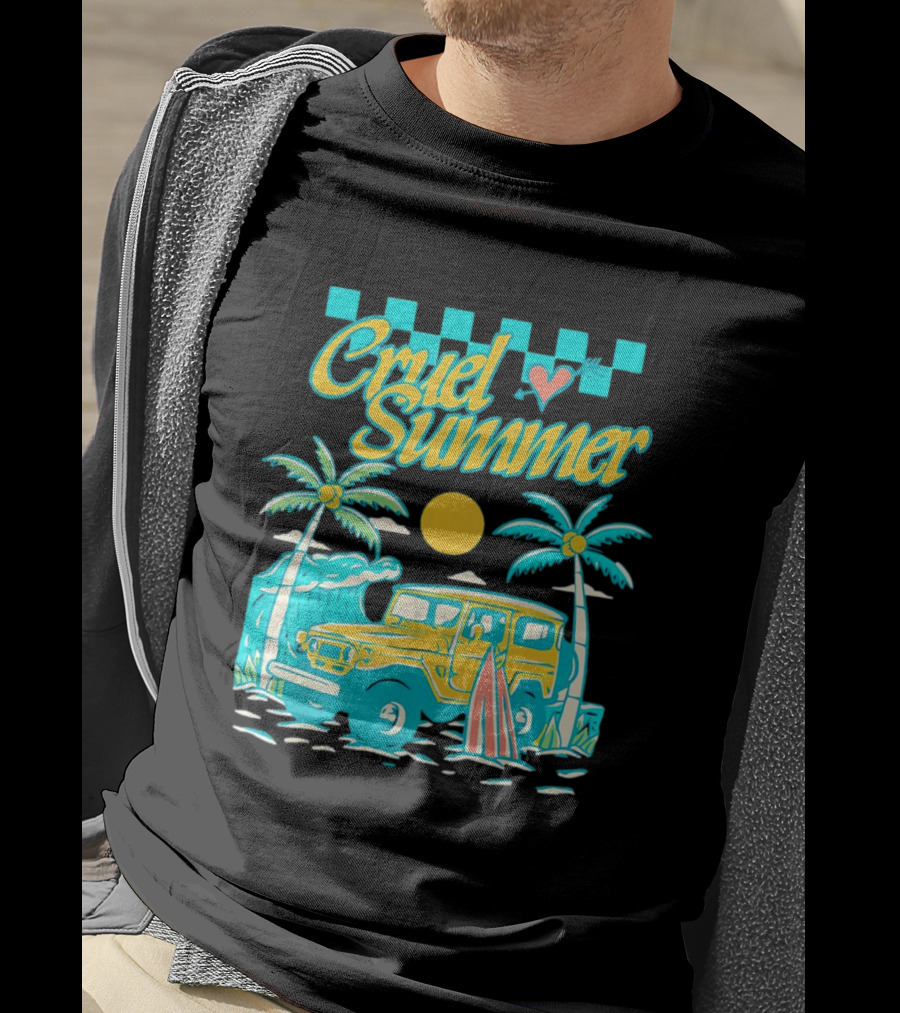 Cruel Summer Beach Vintage Jeep Palm Trees Retro Sun Wave Heart T-Shirt