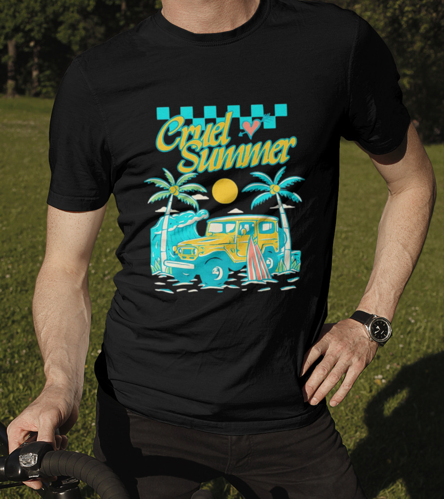 Cruel Summer Beach Vintage Jeep Palm Trees Retro Sun Wave Heart T-Shirt